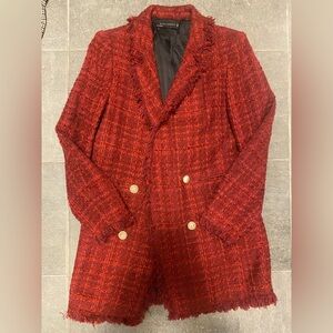 Zara Red Tweed Double-Breasted Blazer Coat
